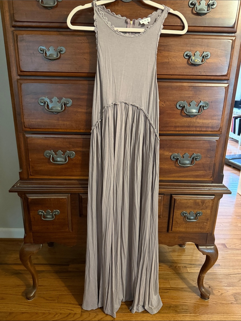 POL Taupe Sleeveless Maxi Dress with Lace Trim